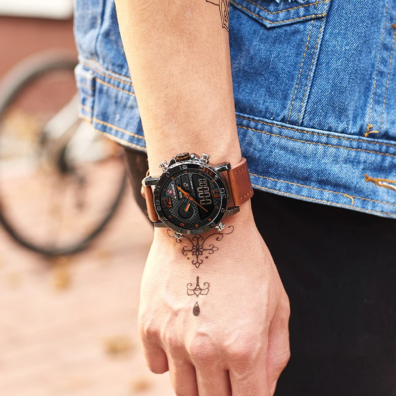 NAVIFORCE – Montre de sport pour homme, marque de luxe en cuir, à Quartz et affichage numérique LED, horloge étanche et style militaire pour