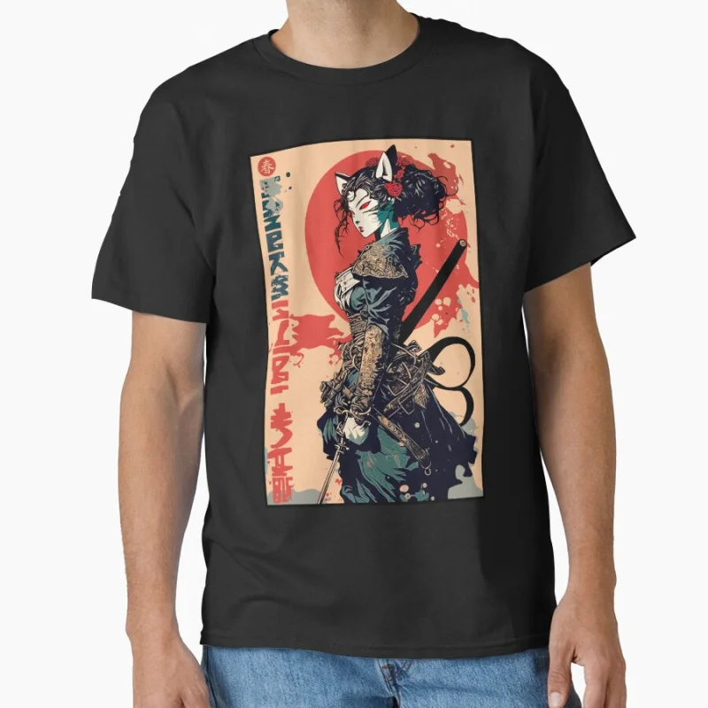 

Samurai Japanese Warrior Girl Urban Fashion cyberpunk kanji Cyborg Girl Futuristic Art gift T Shirt for men large size tops