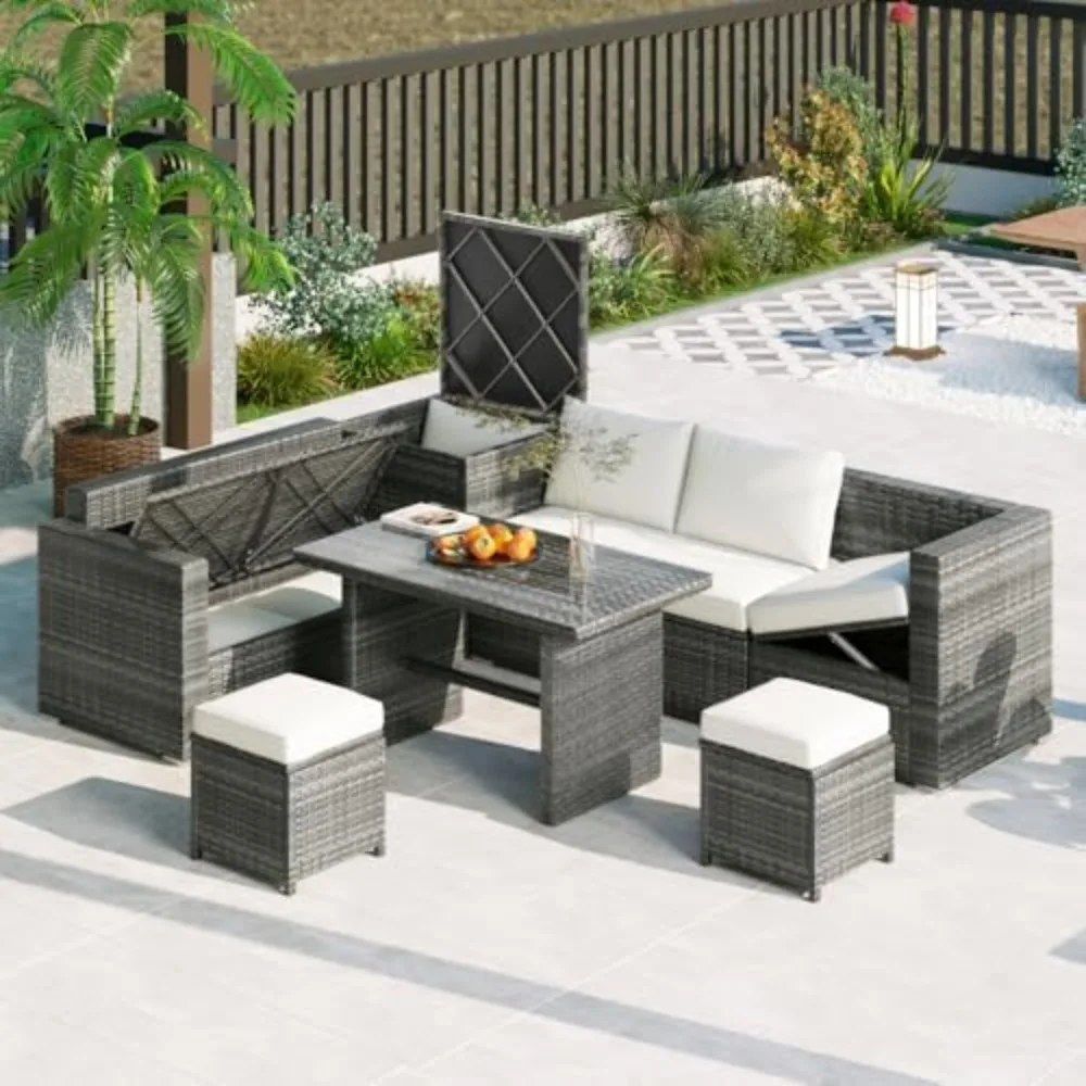 Juego de sofás de mimbre PE de 6 piezas para exteriores, muebles seccionales de mimbre para jardín y Patio, asiento ajustable, caja de almacenamiento, fundas extraíbles, Tem