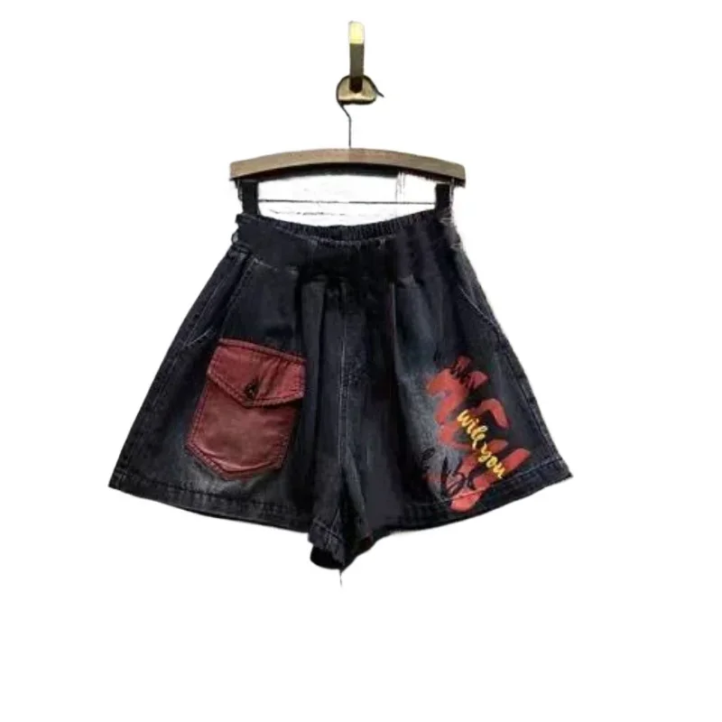 Denim Shorts Women Loose Big Pockets with Five Points Hot Pants Trend Summer New Big Size Fashion Print Wide Leg Jeans Shorts