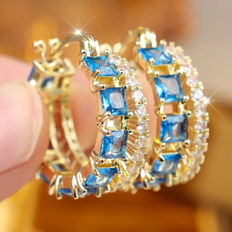 2026 New Double-layer Ladder Square Sea Blue Zircon Ear Ring Gold Double Row Blue Zirconia Broken Diamond C-shaped Accessory