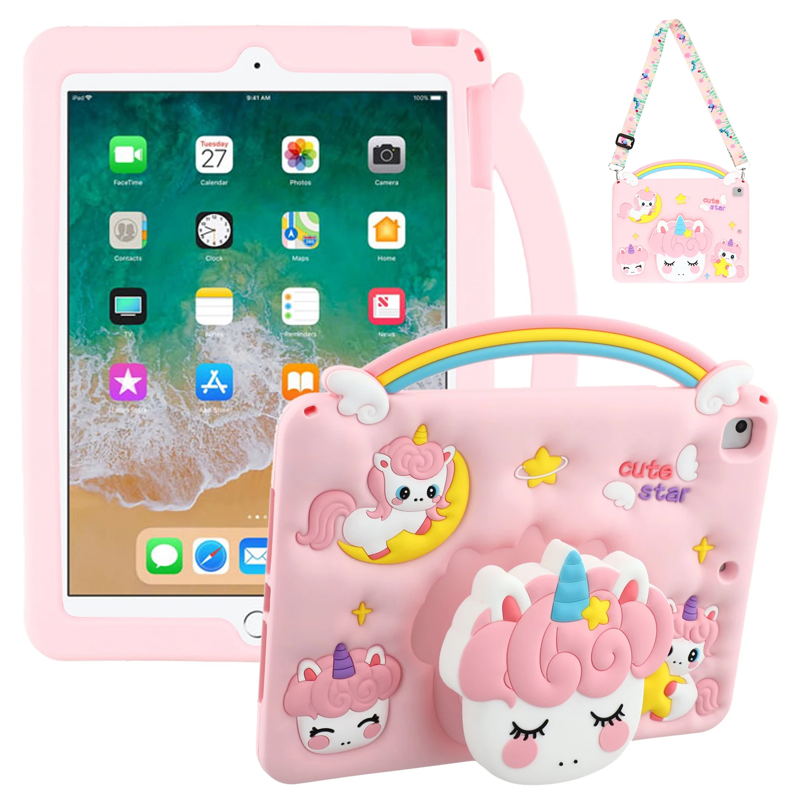 

For iPad 9.7-inch (2018) / (2017) Case Handle Unicorn Retractable Kickstand Silicone Tablet Cover with Shoulder Strap