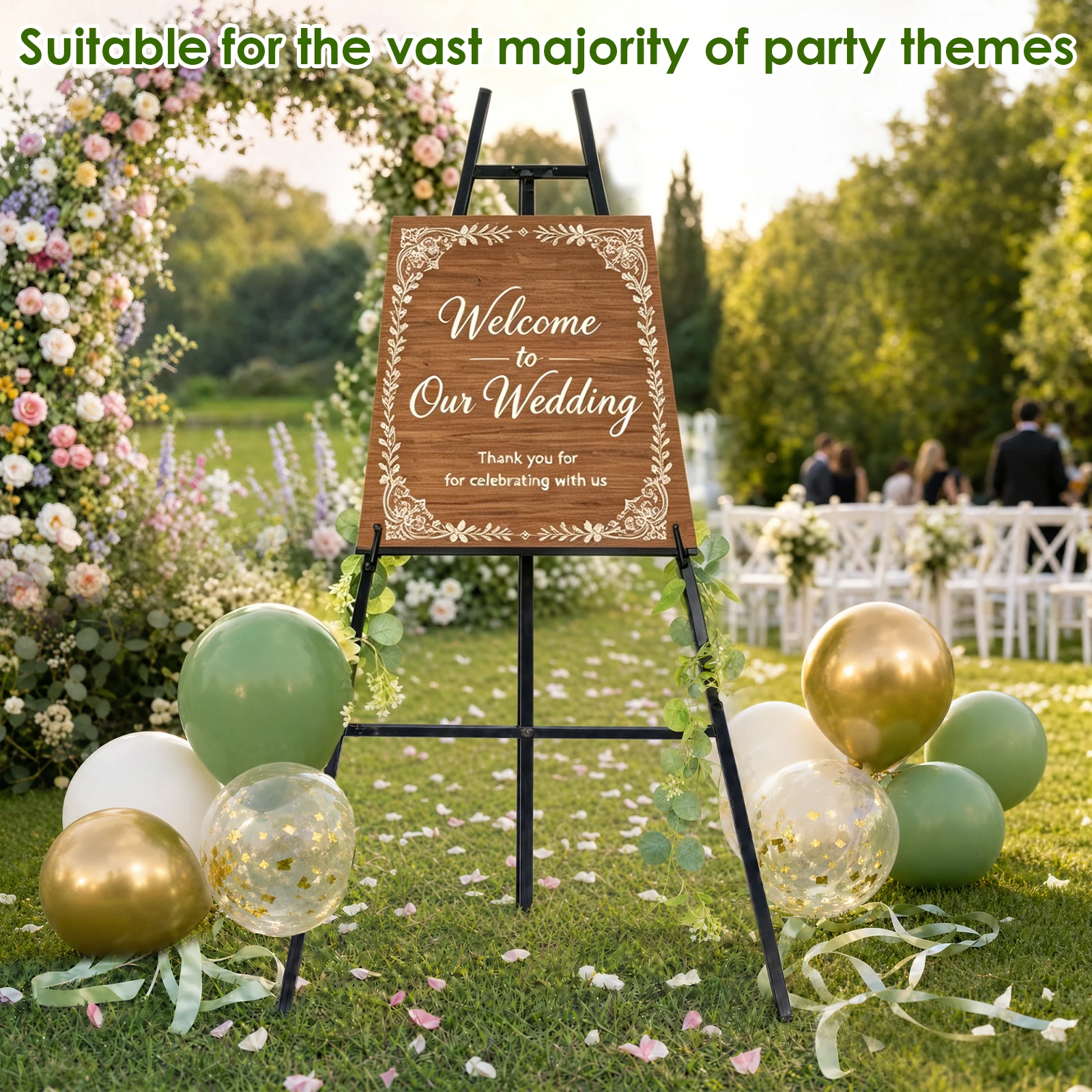 Iron Standing Easel Foldable Easel Display Holder with Rattans Balloon Ribbon for Wedding Party Painting Poster Events Promotion