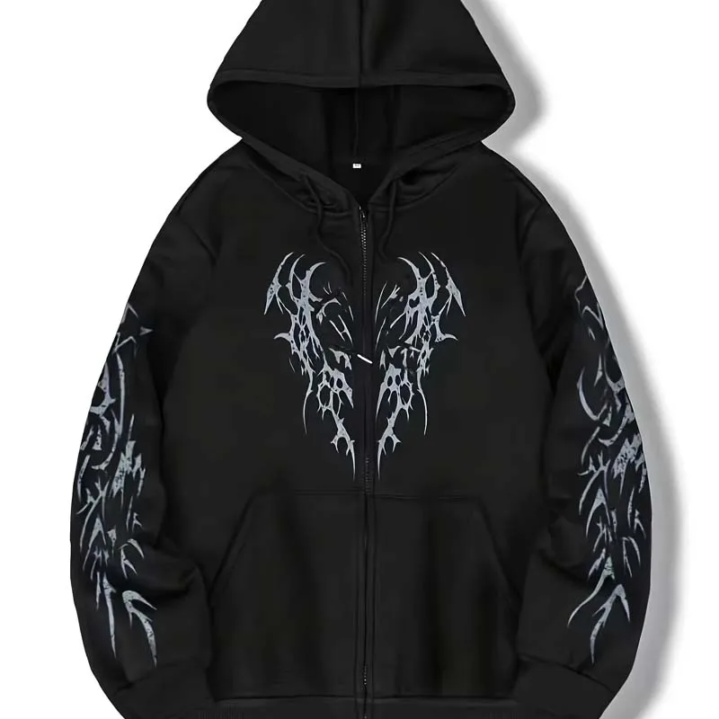 Herbst Winter Gothic Grafik-Print Reißverschluss-Hoodie Herren Lässige Mode Streetwear Fleece-Jacke Mantel Langarm Reißverschluss-Sweatshirt – Detail 2