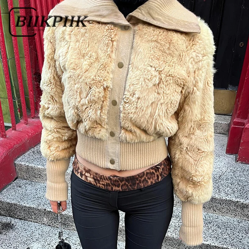 

BIIKPIIK Turndown Collar Fur Coat Autumn Winter Button-up Coats For Women Streetwear Warm Short Jacket Fashion Casual Outer Wear