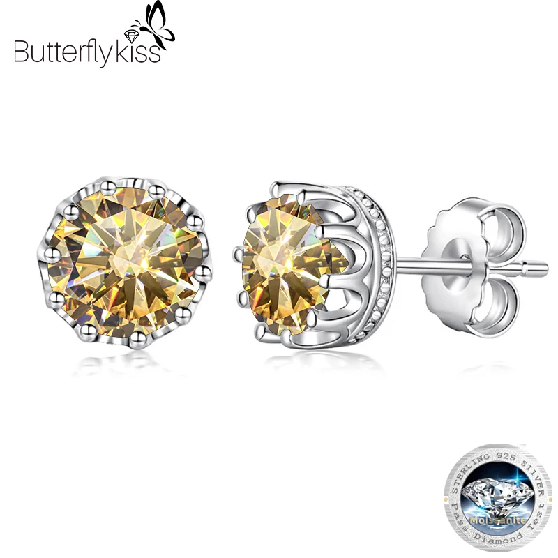 Butterflykiss 1 Carat D Color Crown Moissanite Stud Earrings For Women Top Quality 925 Sterling Silver Sparkling Wedding Jewelry