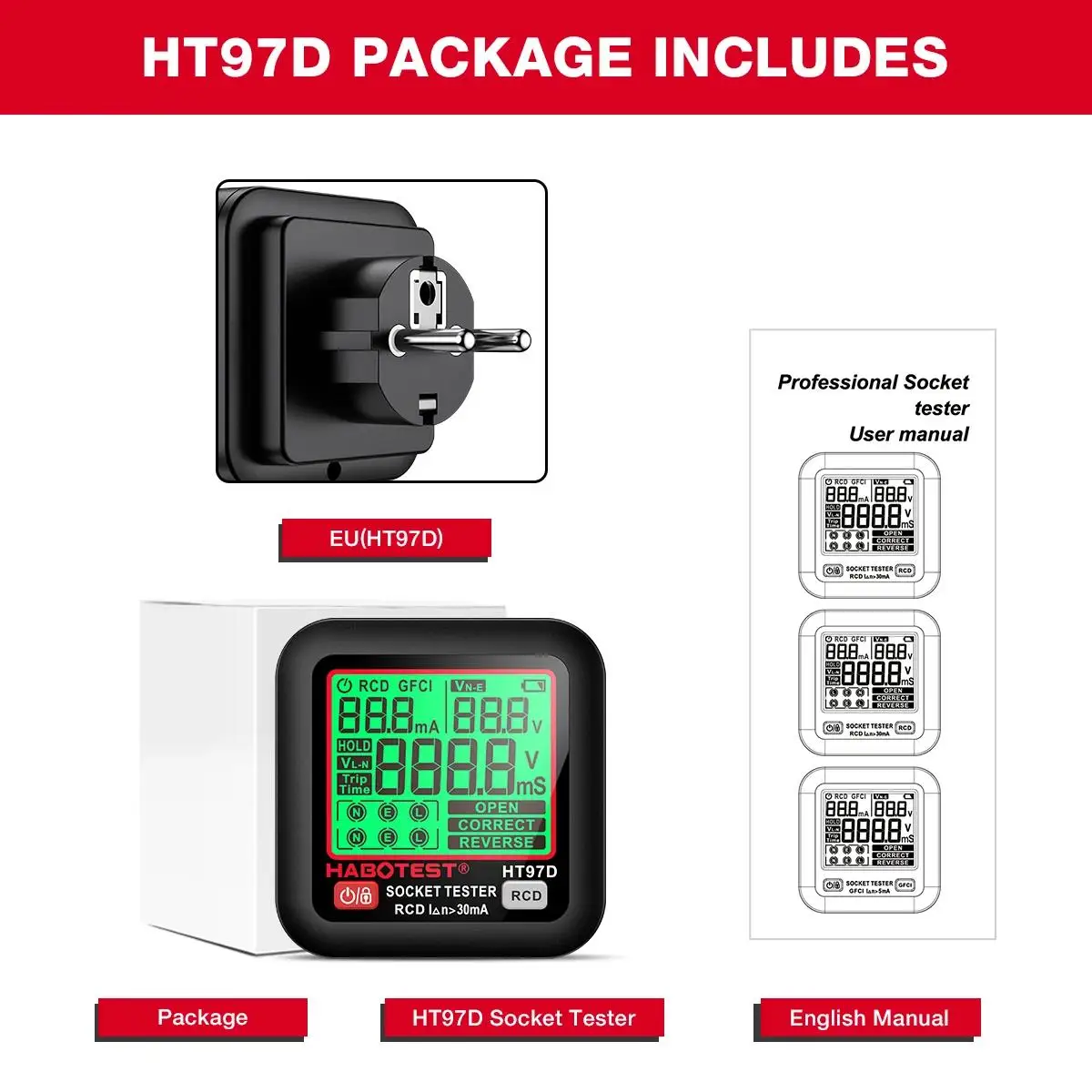 HABOTEST HT97 Digitaler Steckdosentester Intelligenter Spannungsdetektor RCD GFCI Spannungstest EU US UK Stecker Großes Display Steckdosentester