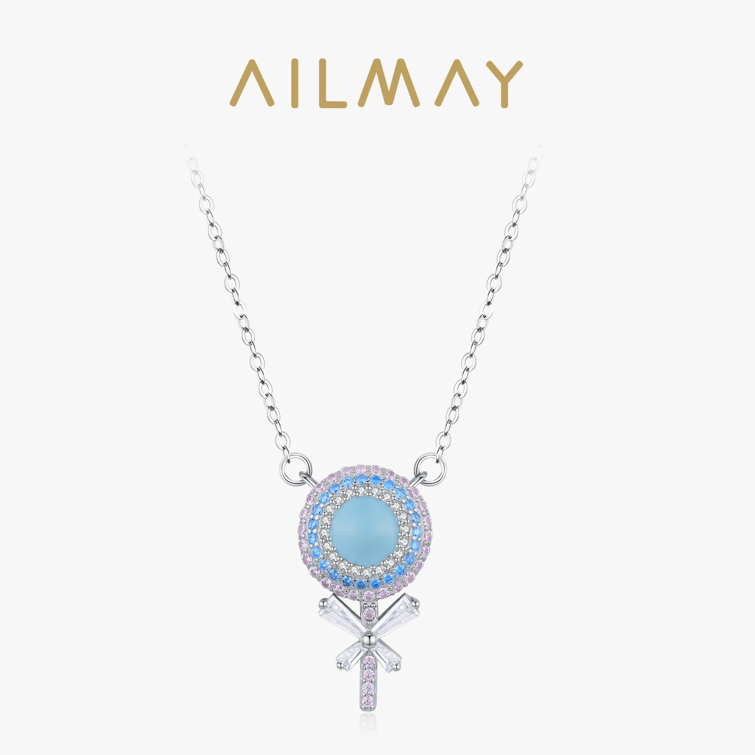 Ailmay 925 Sterling Silver Cute Romantic Rainbow CZ Lollipop Enamel Pendant Necklace For Women Engagement Anniversary Jewelry