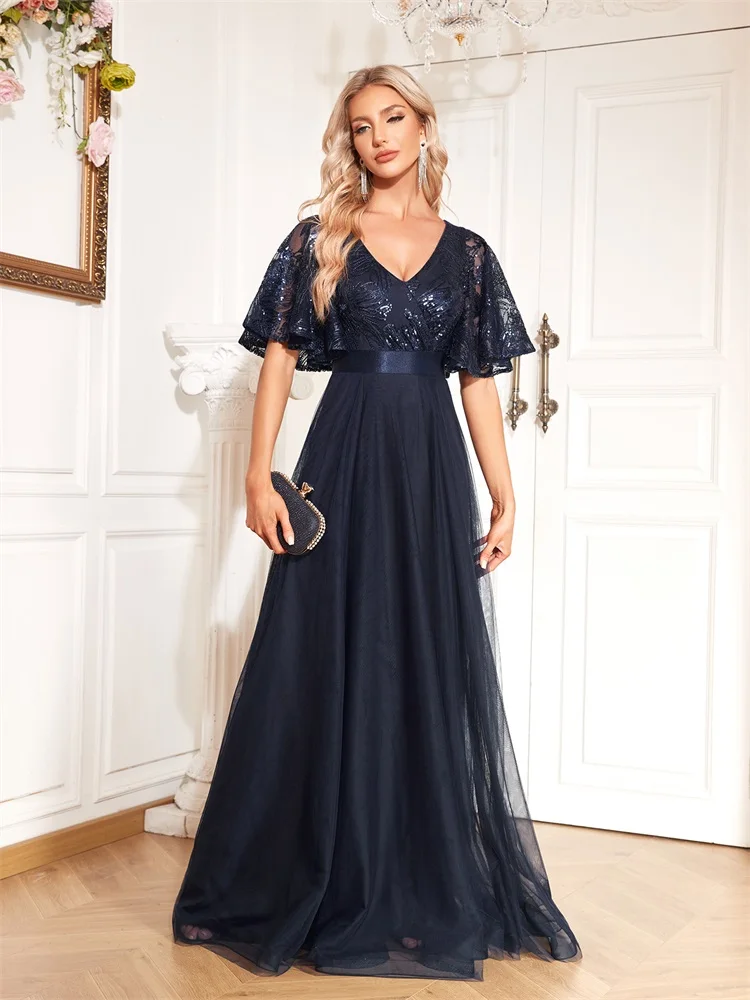 Lucyinlove-Robe de Soirée à Paillettes pour Femme, Col en V, Manches Courtes, Bleu, Élégante, Longueur au Sol, Bal, Cocktail, Luxe, Neuf