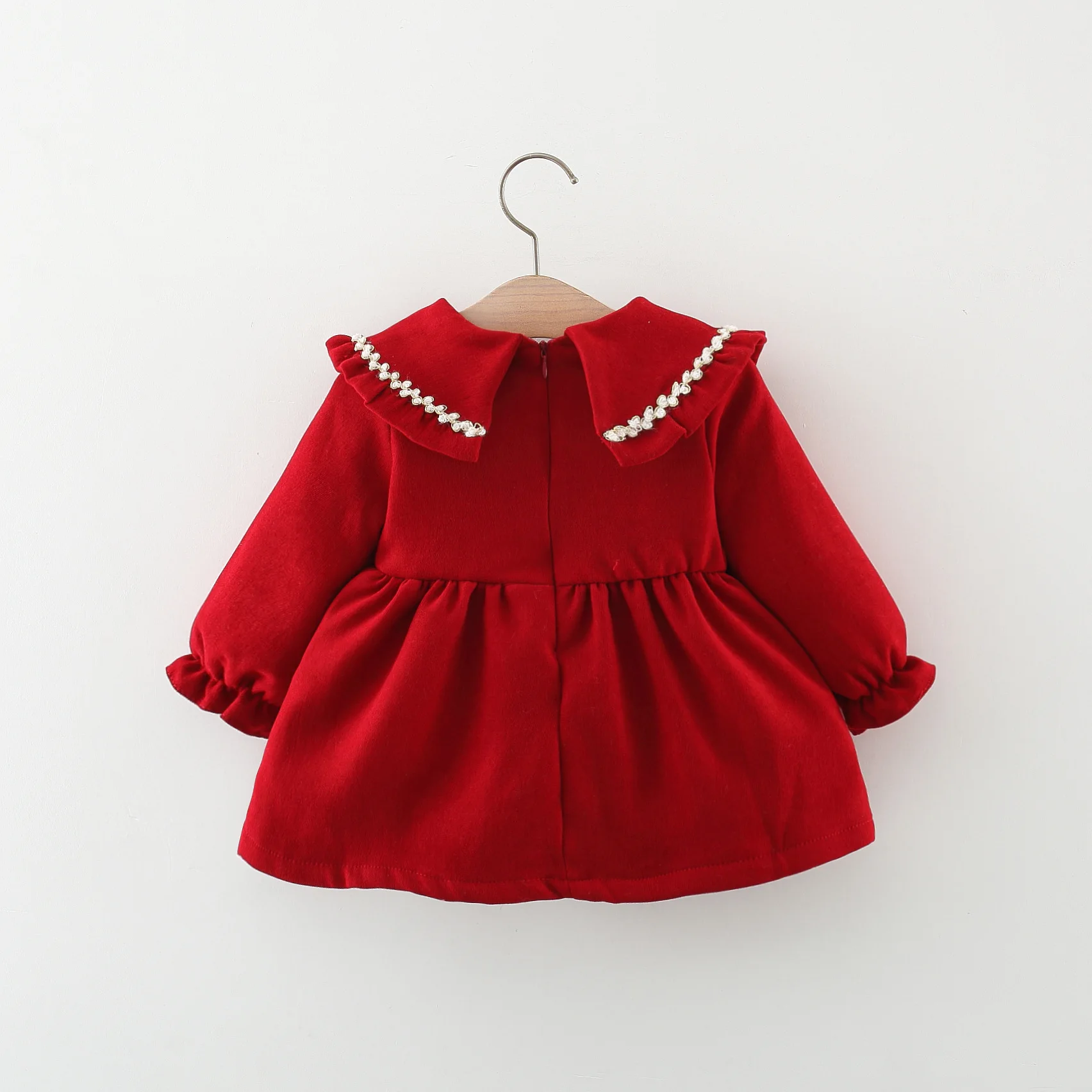 Spring and autumn baby girl dress baby girl bright diamond trimmed large lapel collar long sleeved princess dress