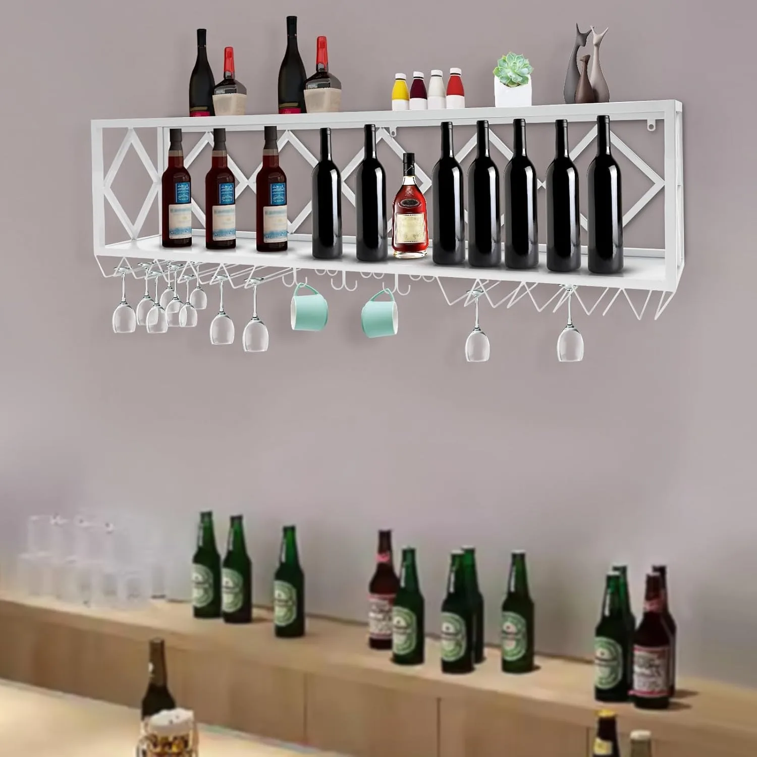 Wall Mounted Wine Rack with Wine Glass Rack Metal Wine Storage Display Shelf Wine Multifunctional Iron Bottle Holder