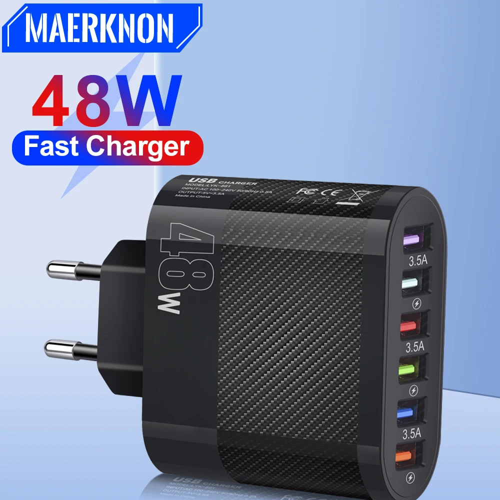 

48W 6 USB Charger Fast Charging Charger Mobile Phone Adapters For iPhone Samsung Oneplus Xiaomi Quick Charge QC3.0 Wall Charger