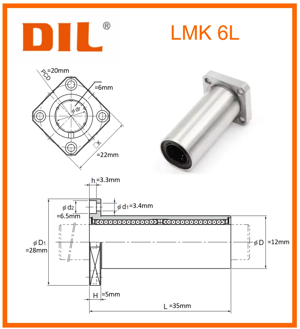 Original New DIL linear bushing Square Flange LMK LMK6 LMK6L LMK6LUU to replace THK IKO INA bearing CNC Router 3D printer Parts