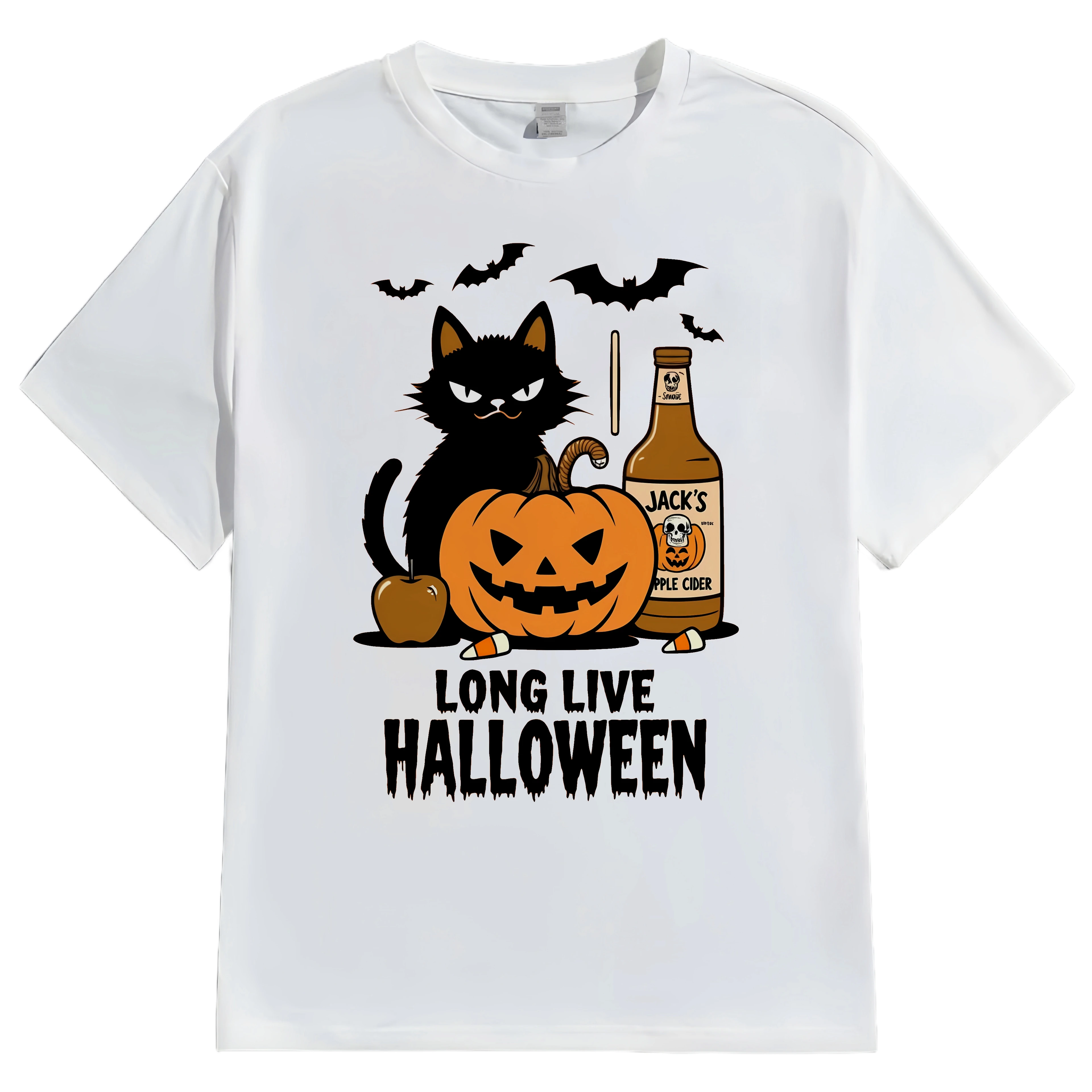 تي شيرت Zaelia الأبيض مع قرع قطة وطباعة الهالوين طويلة الحية لحفلات الهالوين