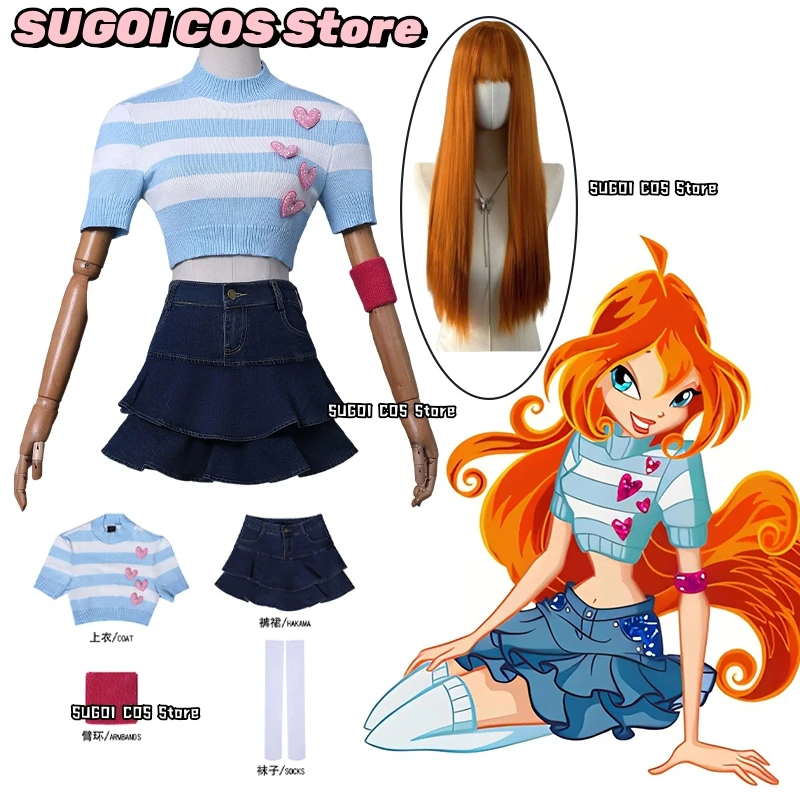 

Bloom Cosplay Cartoon Fairy Anime Costume Blue Striated Sweater Vintage Denim Mini Skirts Women Suit Bloom Role-playing Outfit
