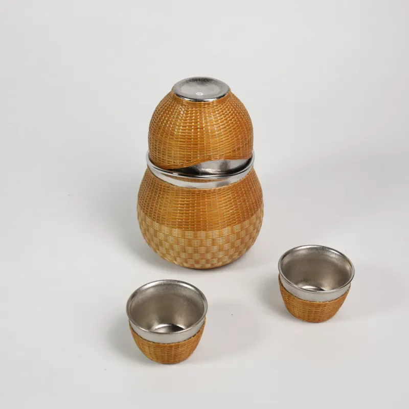 Classic titanium teapot set, with bamboo weaving decoration, 1 pot and 3 cups, environmentally friendly and lightweight,
