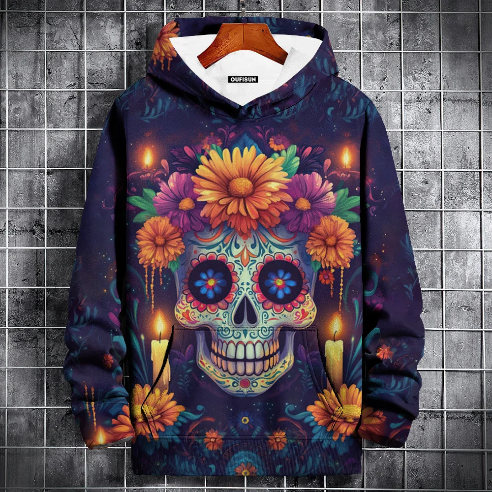 Men\'s Hoodie 3d Skulls Print Hooded Sweatshirt Fashion Street Day Of The Dead Clothing Long Sleeve Top Oversized Pullover