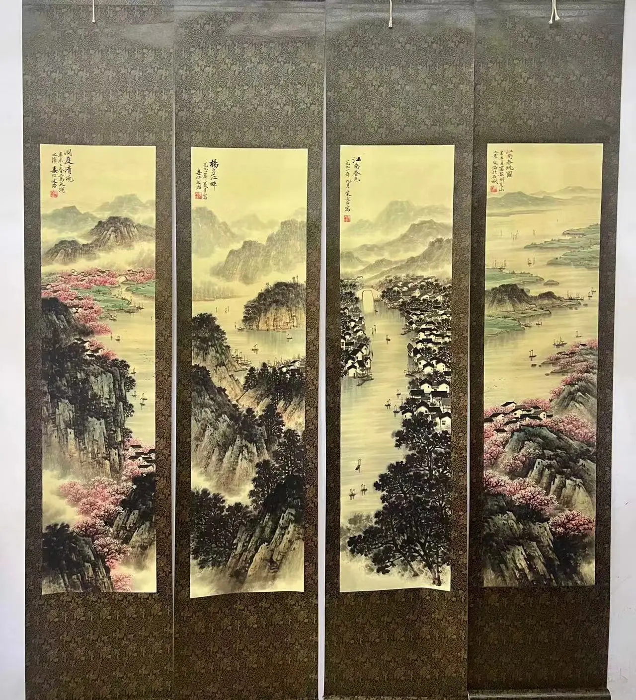 

Hand-painted Chinese paintings, Hanging picture of the Qing Dynasty in China,Lakes and mountains 4 pies/set,free shipping