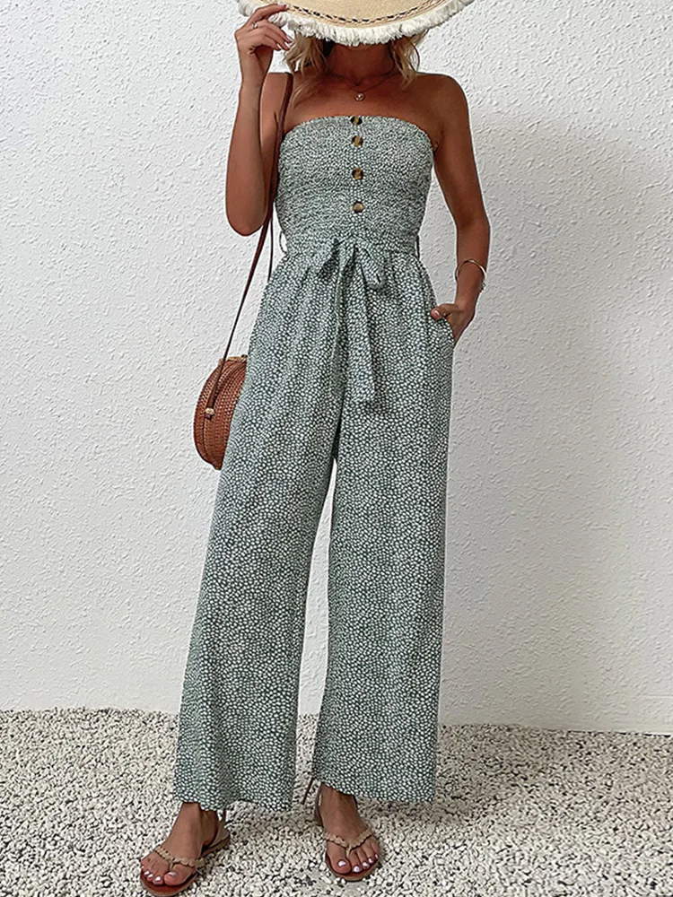 JIM & NORA Sexy Strapless Button Tied Circular Dot Printed Comfortable Casual Women\'s jumpsuit Europe And America Monos Largos