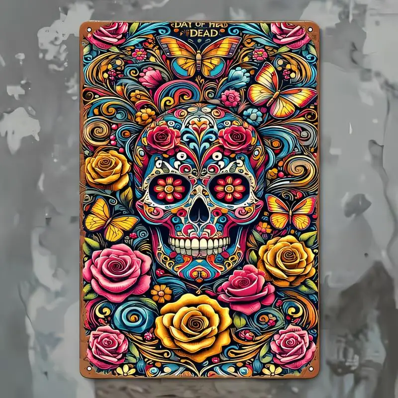 Vibrant Day of the Dead Sugar Skull Metal Sign - Colorful Roses, Butterflies & Swirls, Retro Tin Wall Art for Home/Bar/Cafe Dia