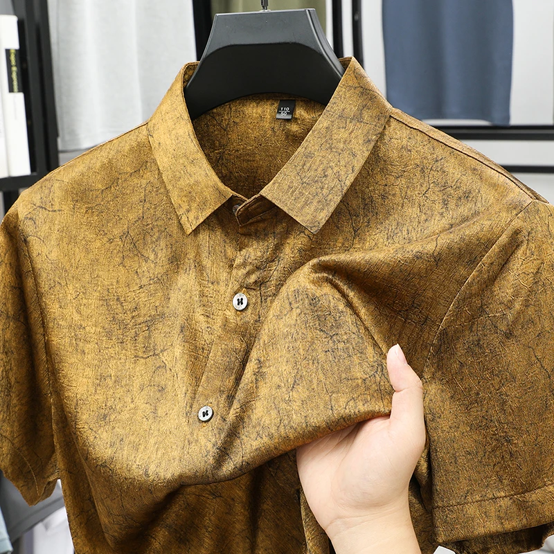 

New Arrival Silk Men Clothes 2025 Summer Trendy Poplin Single Breasted Tops Male Short Sleeve Shirt Satin Silk Soft Dresses