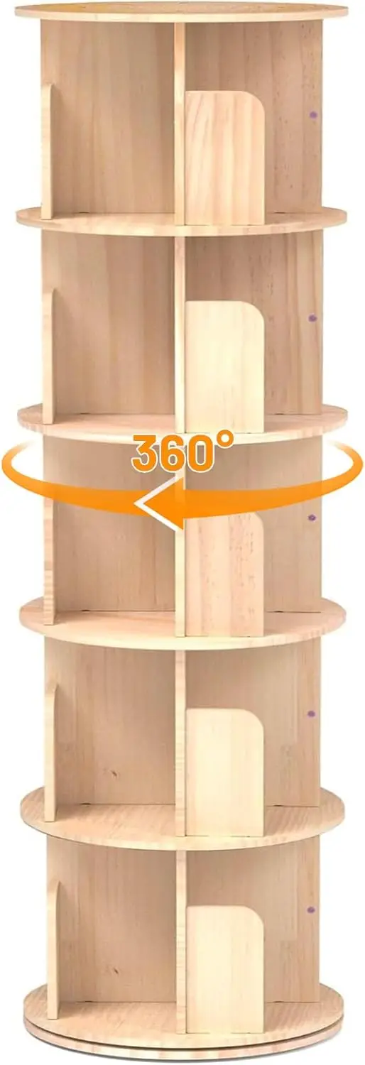 Bookshelf Tower,Corner Bookshelf for Small Space, 360 Display 5-Tier Wood Bookcase Storage Rack, Kids&Adults Spinning Book Shelf