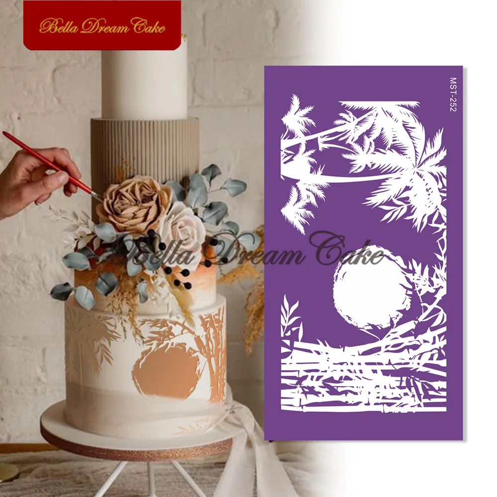 Bamboo/Coconut Tree Mesh Stencil DIY Royal Cream Fondant Mould Fabric Cake Border Template Cake Decorating Tool Kitchen Bakeware