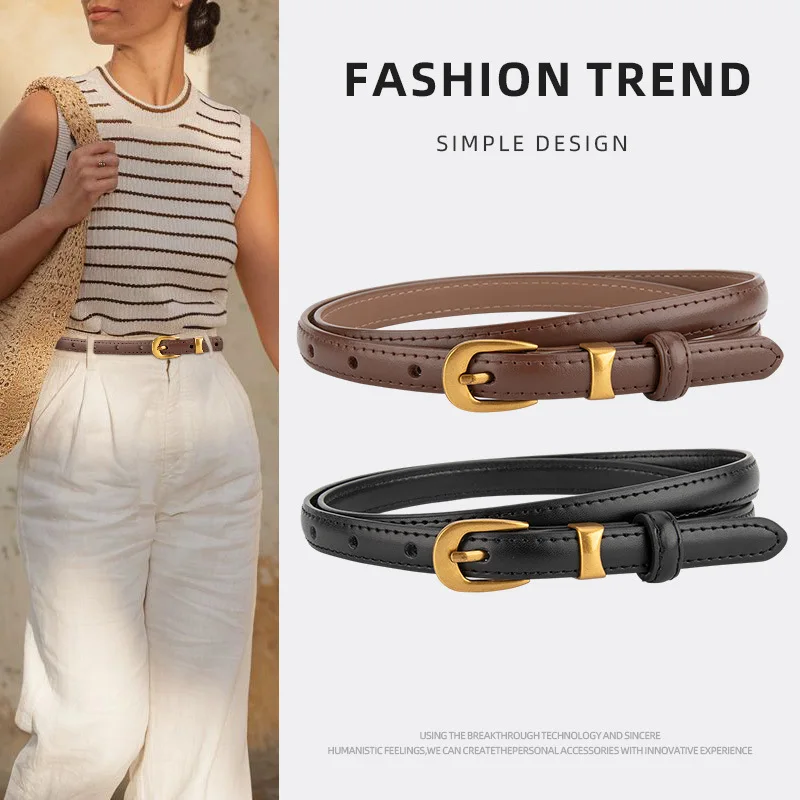 

Women Gold Buckle Genuine Leather Belt Female Cummerbund Coat Waistband Dress Decration Narrow Belt J1352