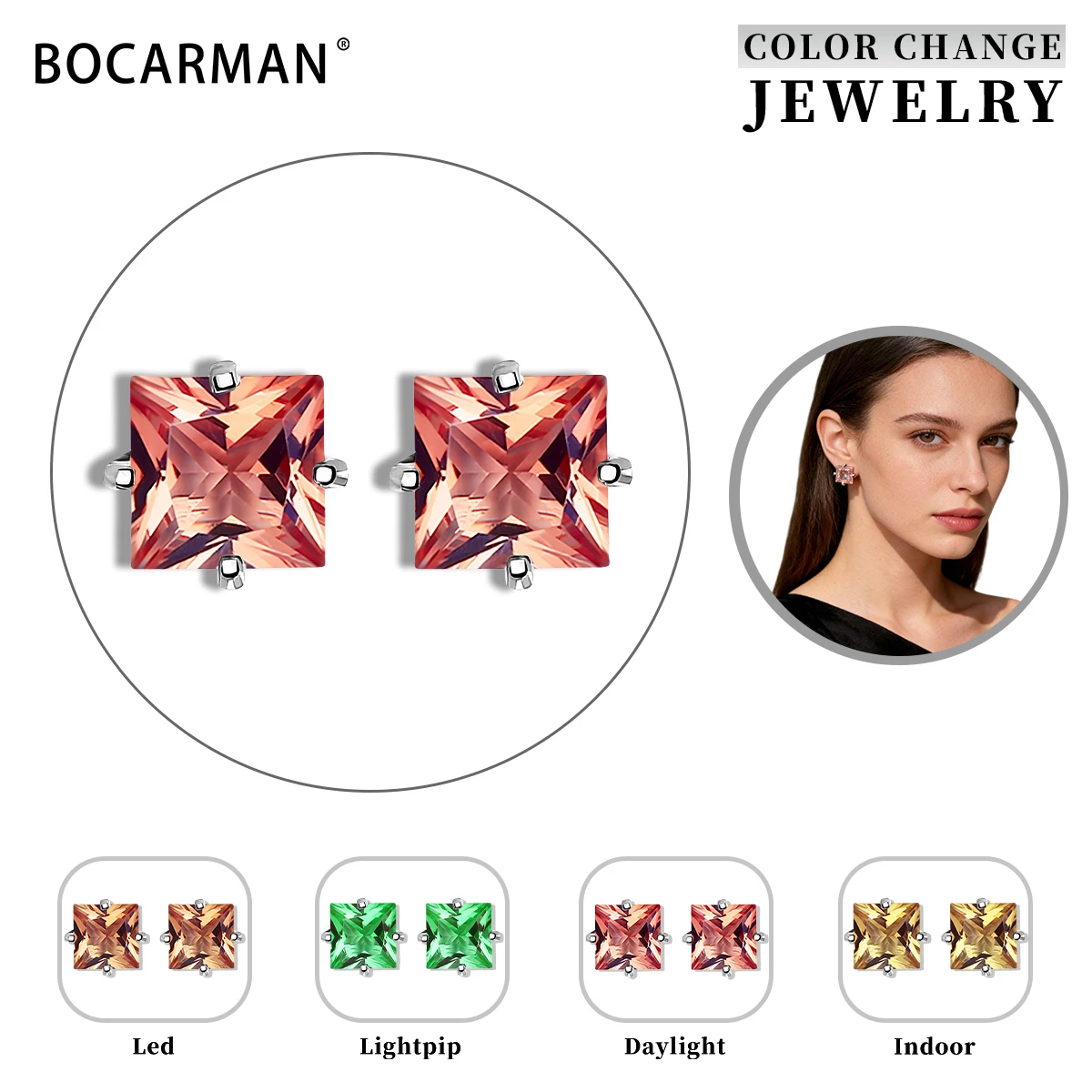 Bocarman Princess Cut Lab Created Color Change Earrings S925 Silver Studs Women Daily Wear fine jewelry