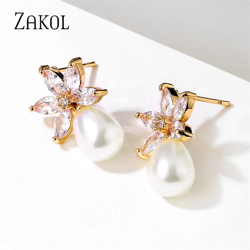 ZAKOL Fashion Simple Leaf Cubic Zirconia Pearl Drop Stud Earrings for Women Elegant Bride and Bridesmaid Earring