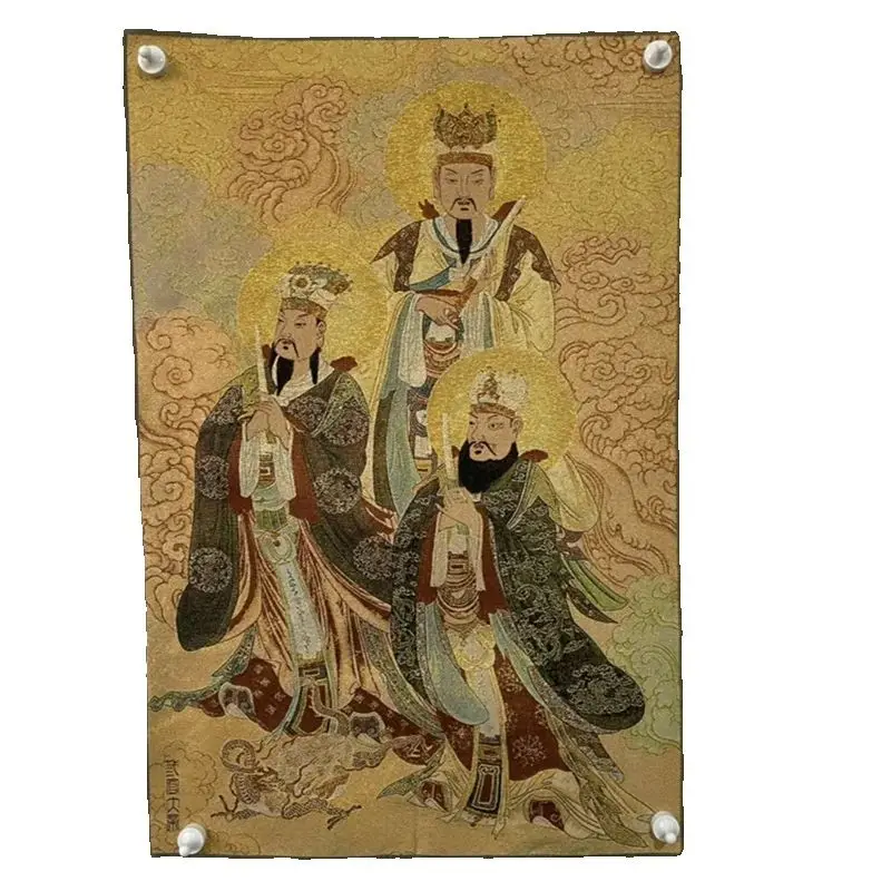 Chinese Antique Silk Brocade Tangka Painting Map of Sanguan Emperor Embroidery Wall Art for Home Decor