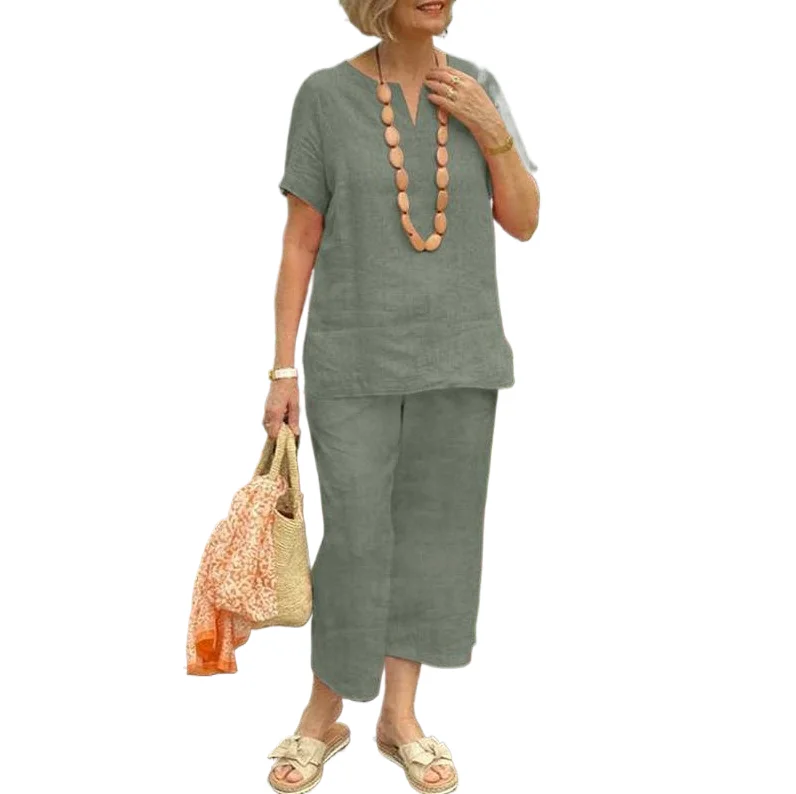 

Two Piece Set Women's Cotton Linen Summer Suit Casual Loose Fit Wide Leg Pants Solid Stylish Ladies Suit Summer 2 Piece Sets