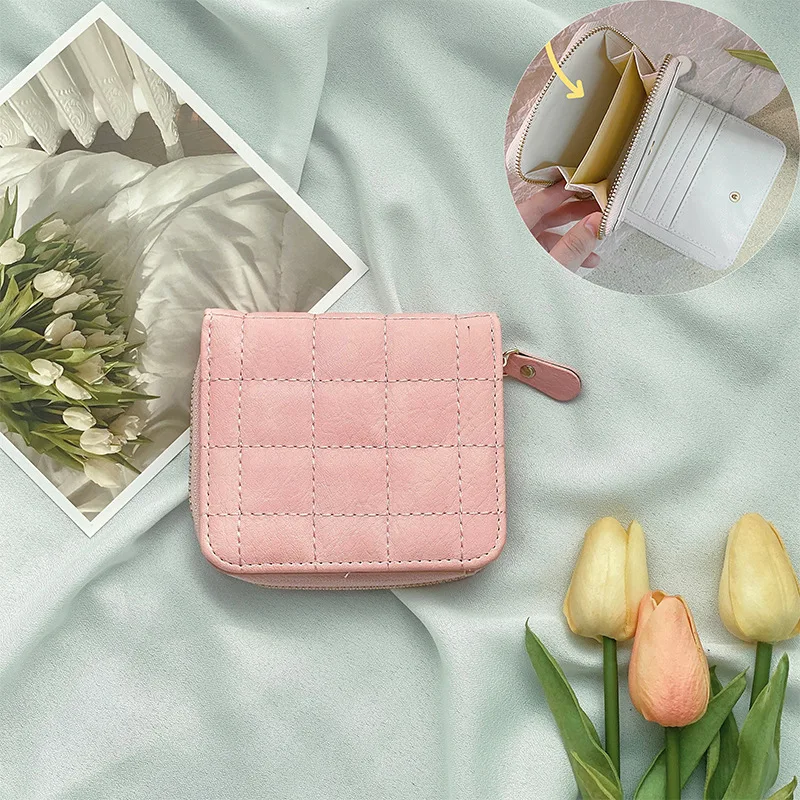 Women Fashion Small Zipper Wallet with Coin Purse PU Leather Plaid Purses Ladies Cute Mini Korean Version Small Card Pack New In