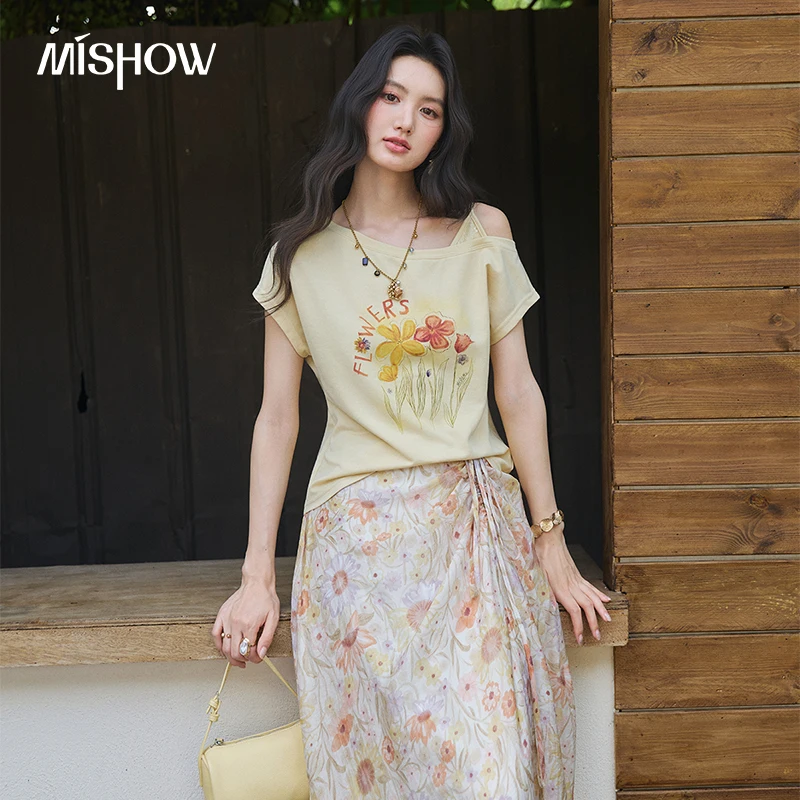 MISHOW Off Shoulder T-Shirt Floral Skirt Set Light Yellow Floral Print Tees Side Drawstring Asymmetric Hem Skirt Set MXF28T1708
