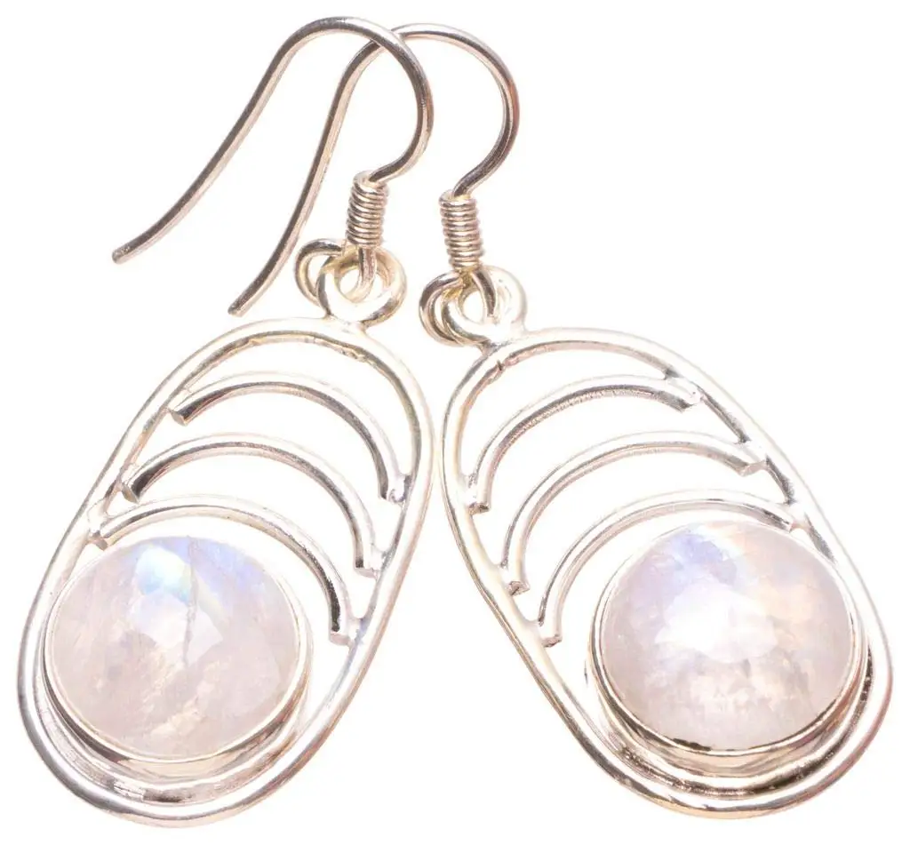 StarGems® Natural Rainbow Moonstone Handmade Vintage 925 Sterling Silver Earrings 1 1/2