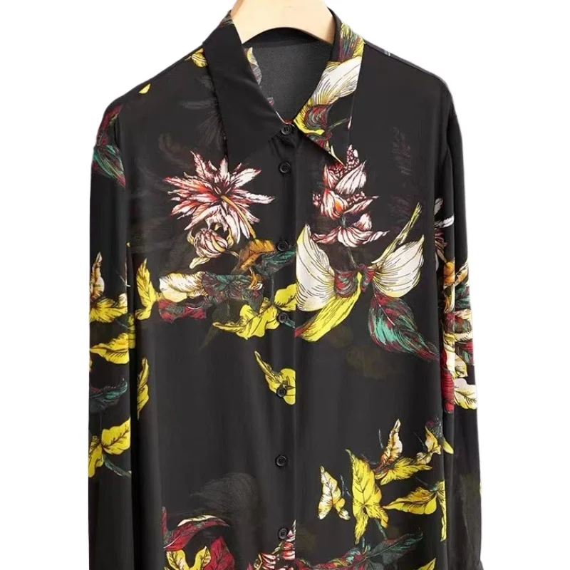 High Quality Unique Design Shirt Temperament Printing Long Sleeved Mulberry Silk Black Top Silk Shirt Chemise Satin Women Y2k