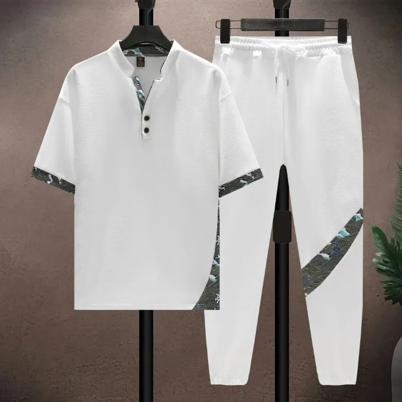 Conjunto de calças masculinas de náilon tendências trajes duas peças estilo coreano 2025 roupa básica roupas baratas masculino t camisa calças conjuntos