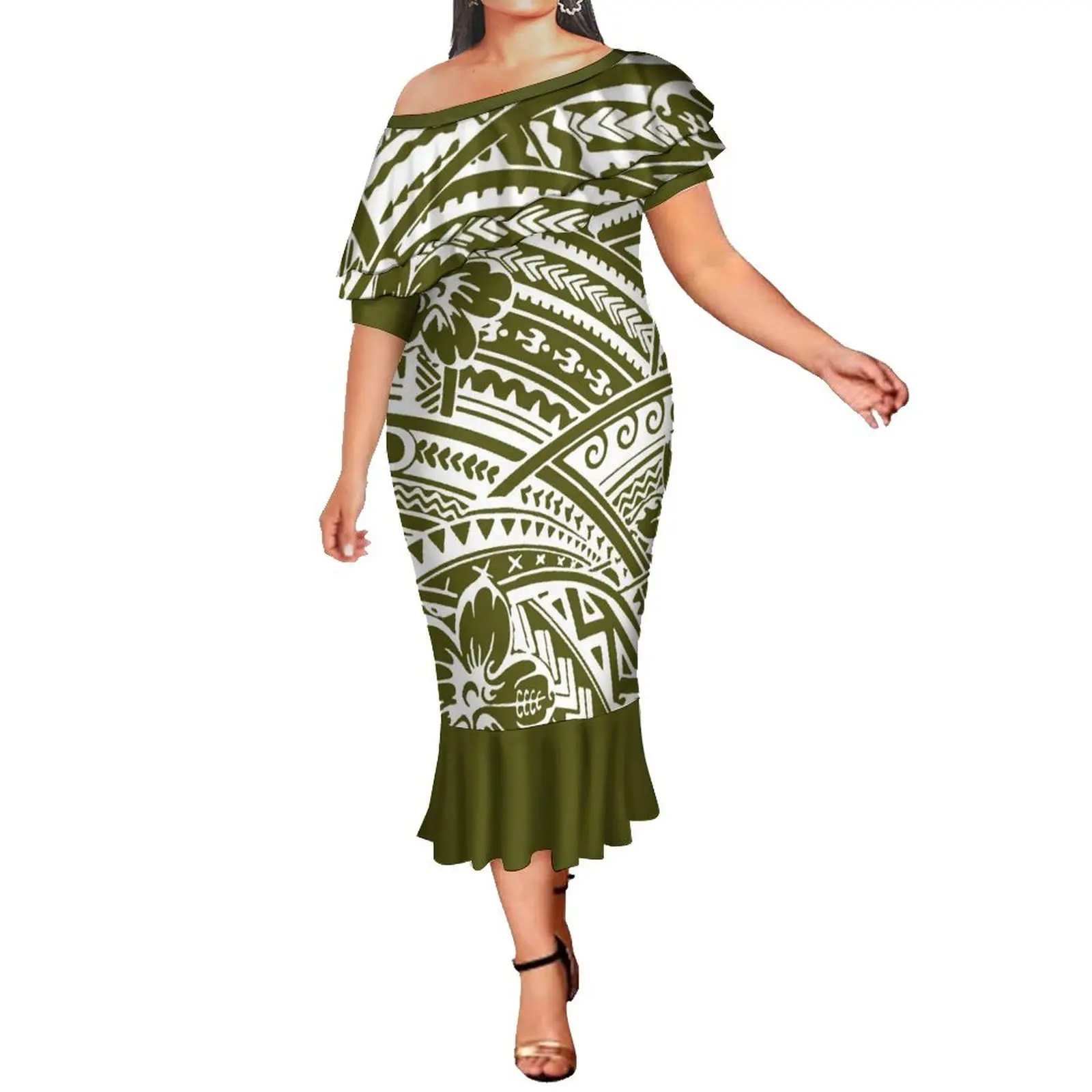 Peplum Dress Woman Polynesian Dress Mermaid Ruffle Bottom Samoa Print Wrap Style Dress Red Samoa Dress Dress Green Peplum