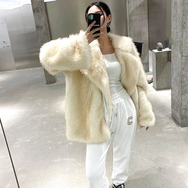 Luxury Brand Designer Faux Fur Coat Jacket Women 2023 Winter Gradient Animal Color Loose Oversize Long Fluffy Overcoat Outerwear