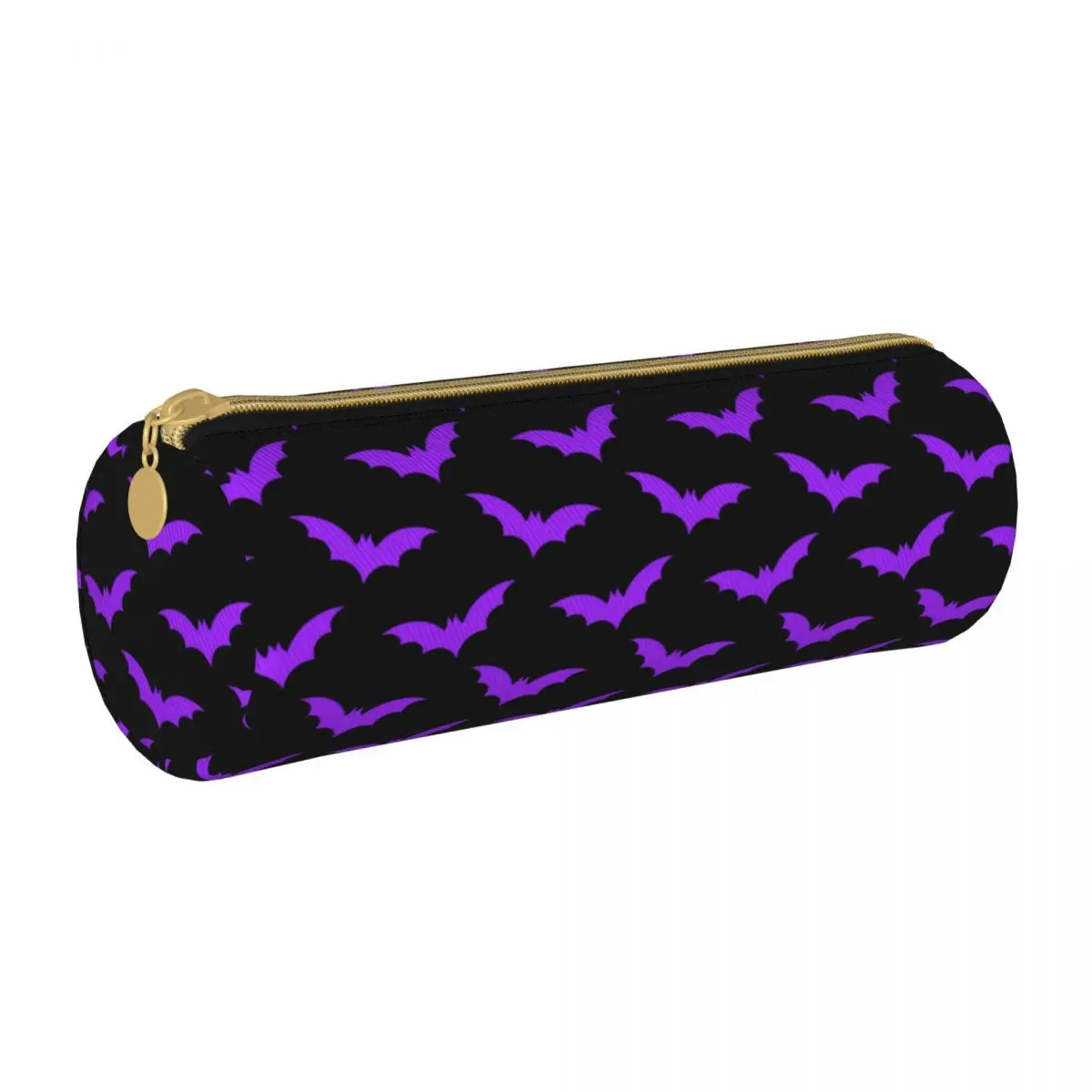 

Halloween Bats Round Pencil Case Black and Purple Bats School Cool Leather Pencil Box Teens Zipper Pen Pouch