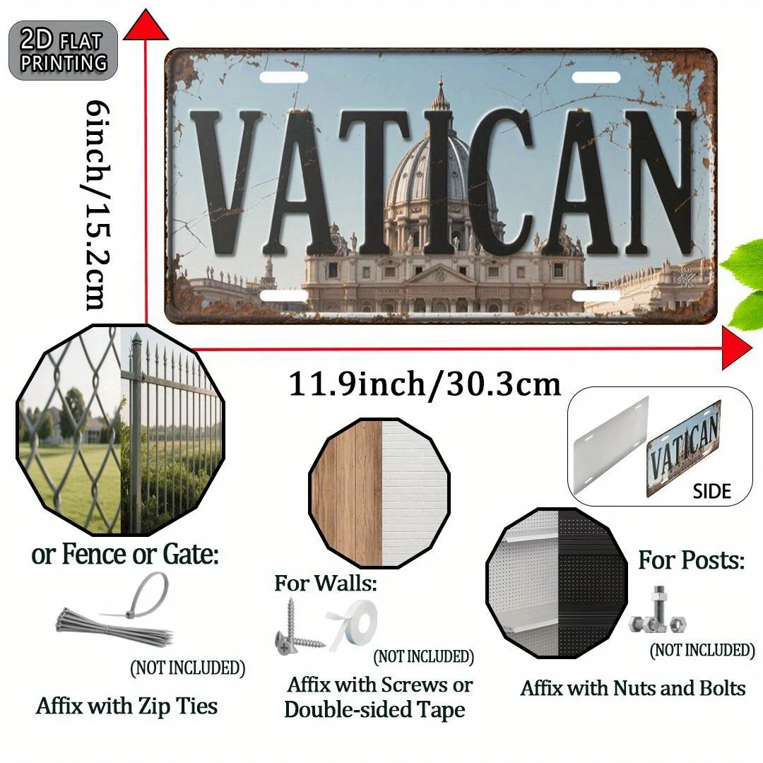 2D Flat - Vintage Metal Sign of Vatican City, 2D Flat Design - Aluminum Wall Art with 11, 9X6 Inch Rustic Decorative Plaque for
