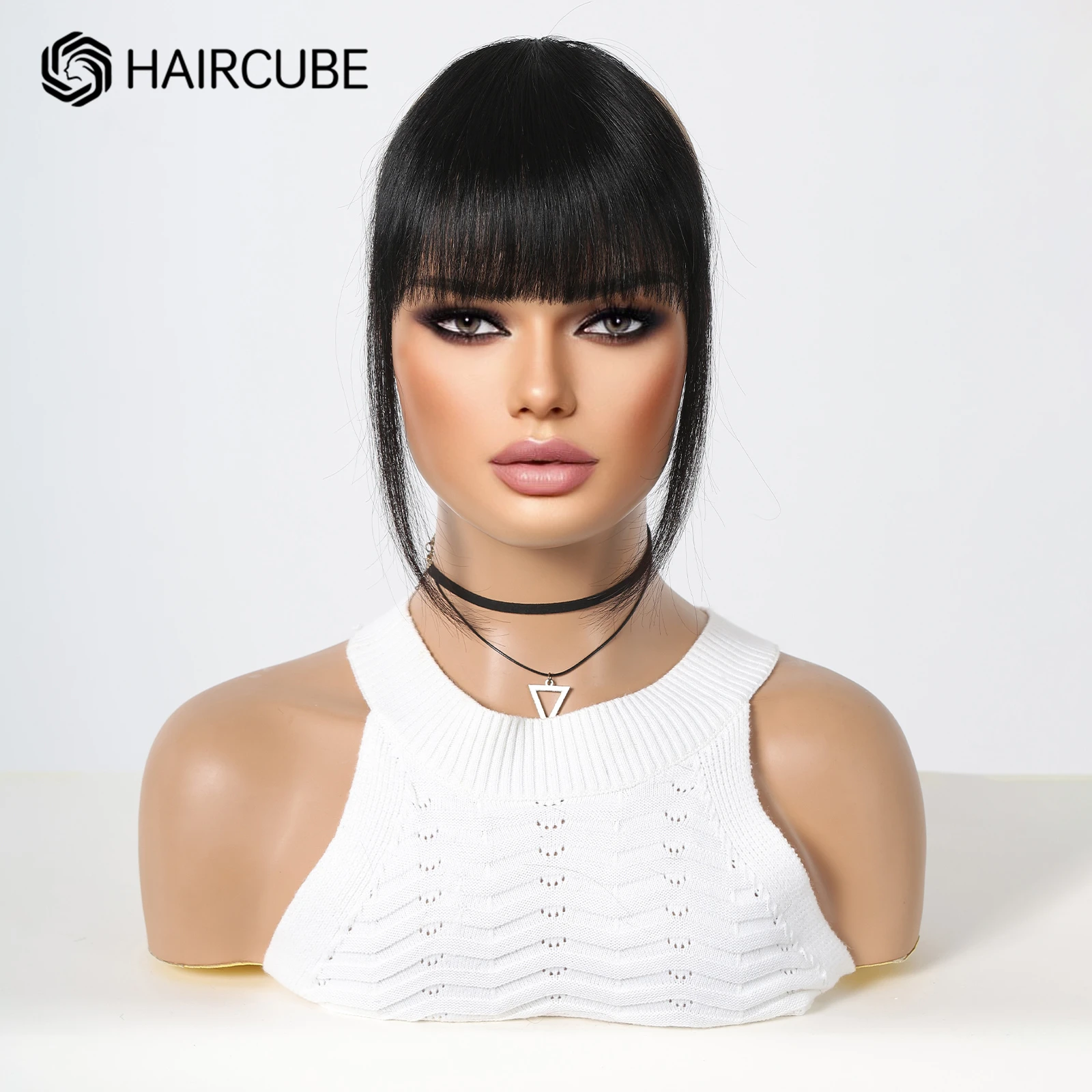 100% rambut manusia poni klip rambut dalam poni hitam alami Wispy Bang pinggiran dengan candi rambut palsu untuk wanita klip di udara Bang 4.5in