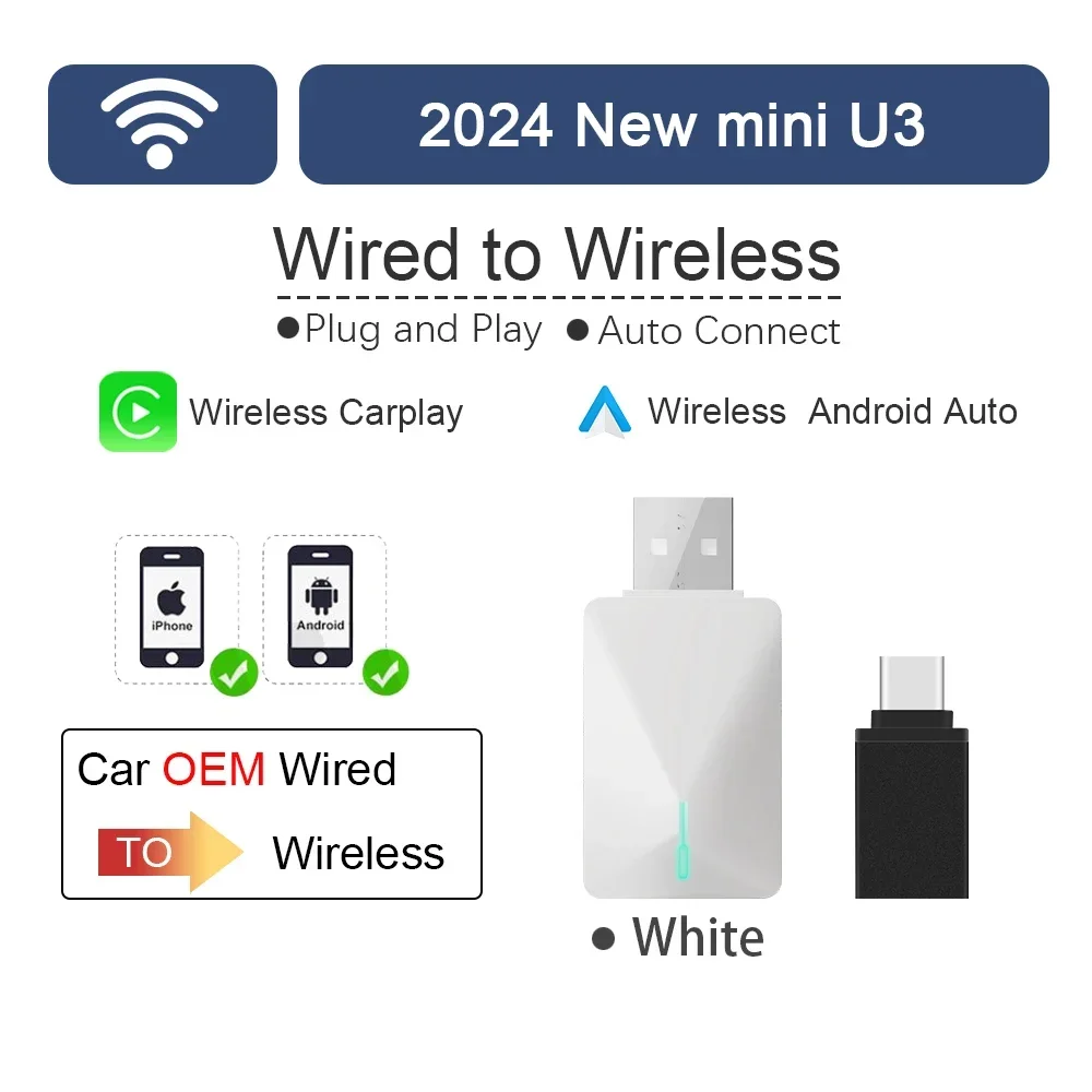 2024 New wireless carplay Adapter MINI U3 wireless Android auto 2in 1 Smart Box Plug and Play Fast Connection Bluetooth WiFi