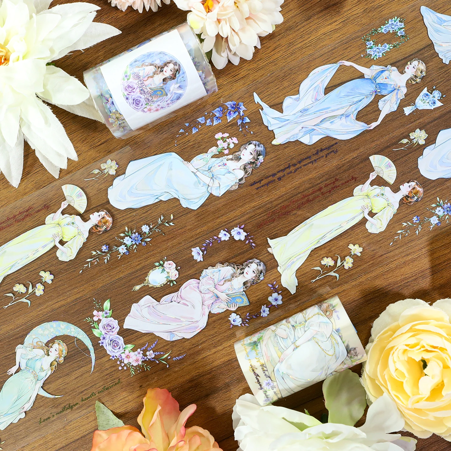 2m/Roll Laser Silvery Beautiful Lady PET Washi Tape Flower Transparent Decorative Stickers For Scrapbooking Collage Material