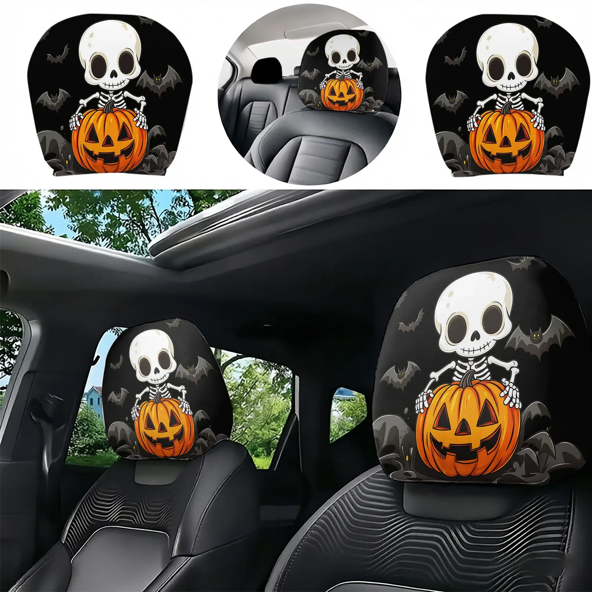 2pcs Halloween Skull And Pumpkin Car Headrest Covers Create A Spooky Atmosphere In Your Car Interior Not Filled