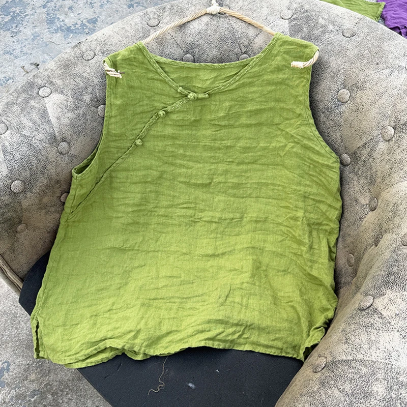 

New 2025 Summer Vintage Style O-neck Solid Color Loose Female Sleeveless Tops Tees M1299 100% Linen Women Casual Tank Tops