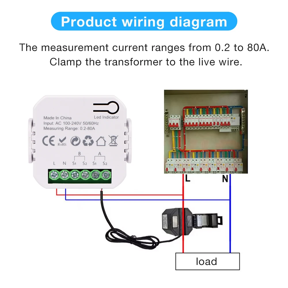Tuya WiFi Smart Electricity Meter 80A AC100-240V Energy Monitor Single Channel Voltage Current kWh Meter with Smart Life Alexa