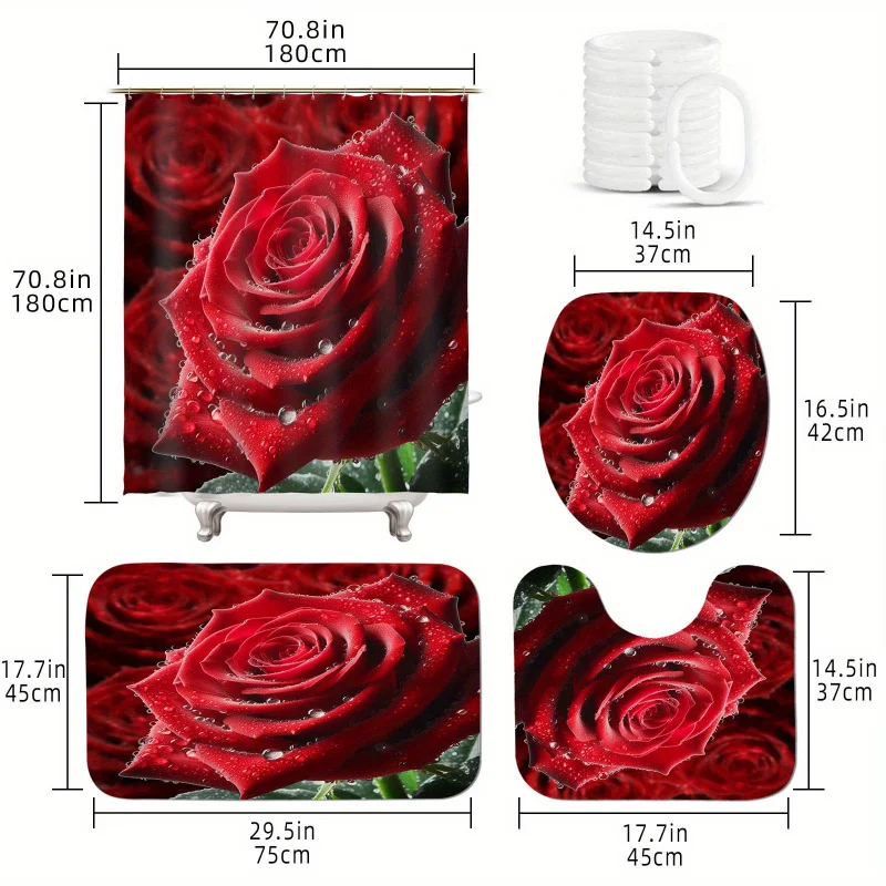 Valentine's Day 4pcs Bathroom Set: Waterproof Shower Curtain with 12 Hooks, Non-Slip Rug, U-Shape Mat & Toilet Lid Cover - Vibra