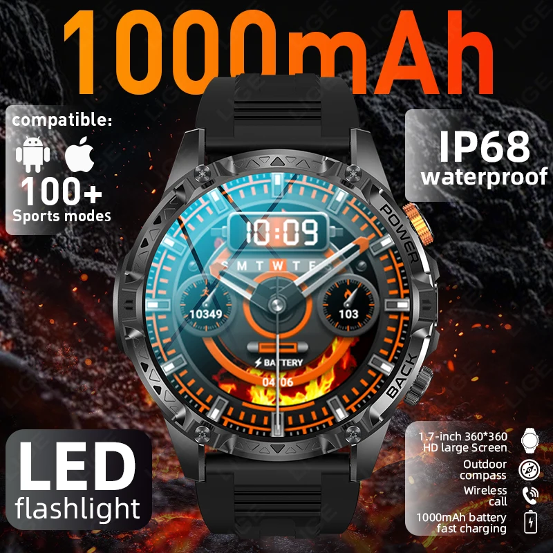 

LIGE New Ultra 1000mAh Battery Smart Watch Men LED Flashlight Heart Rate Health Monitor Waterproof Compass Men Smartwatch Sports