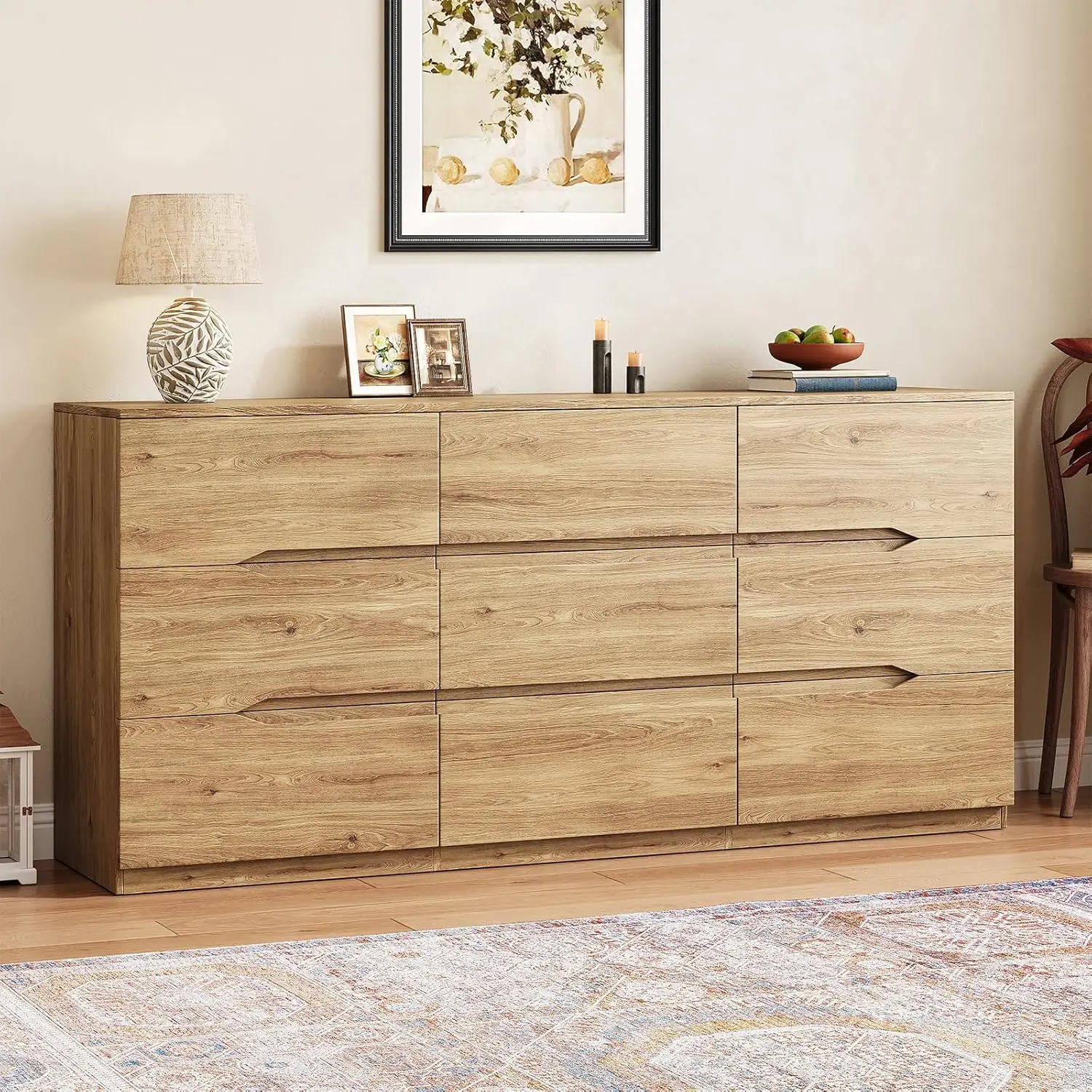 #Natural 9 Drawer Dresser Bedroom Chest Groove Handle Slide Rail Cabinet 60.3" Wide, Customized